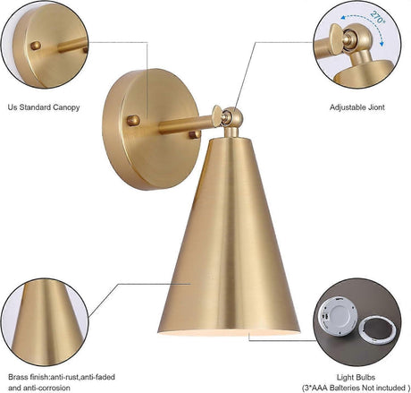 Modern gold wall sconce with cone shade, set of two