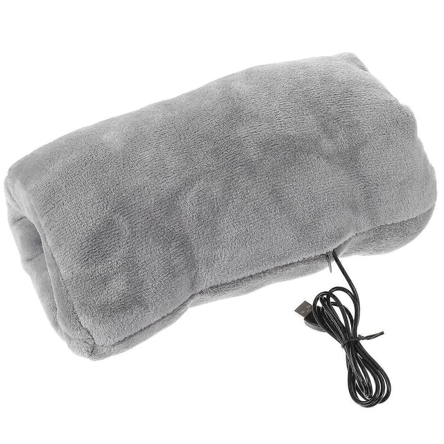 Grey flannel USB rechargeable hand warmer held in hands