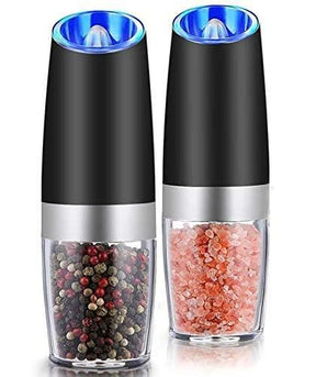 Taormina electric gravity salt and pepper grinder set in black stainless steel