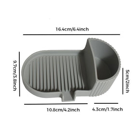 Grey silicone soap dish with grooved soap bed and side storage compartment