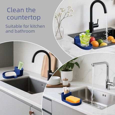 Side compartment of the dark blue soap dish holding a razor and face brush