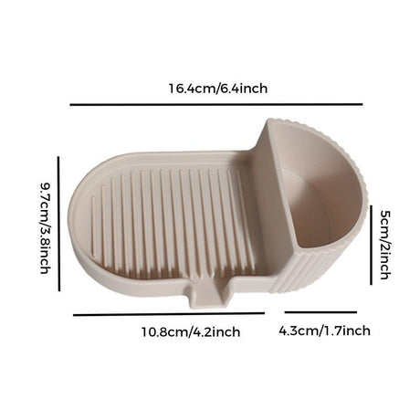 Khaki silicone soap dish with grooved soap bed and side storage compartment