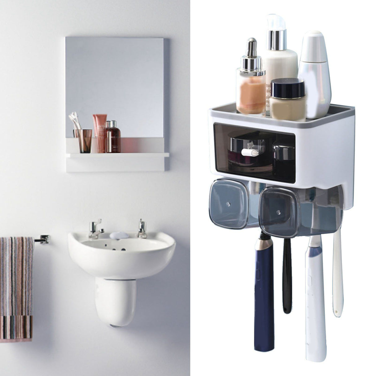 Chia Toothbrush Shelf, Wall Mounted, Mouthwash Cup Holder, White, 2 Cups