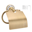 Vintage brass toilet paper holder with blue and white porcelain detail