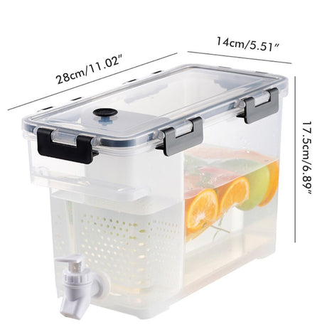 Slim drink dispenser shown on a refrigerator shelf beside other items