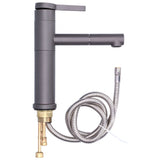 Front view of the grey pull out basin mixer with single control