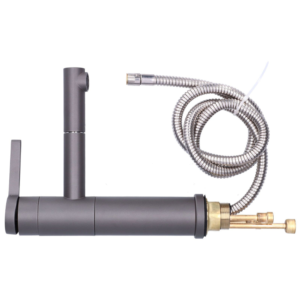 Spout extended on the flexible hose of the pull out basin mixer