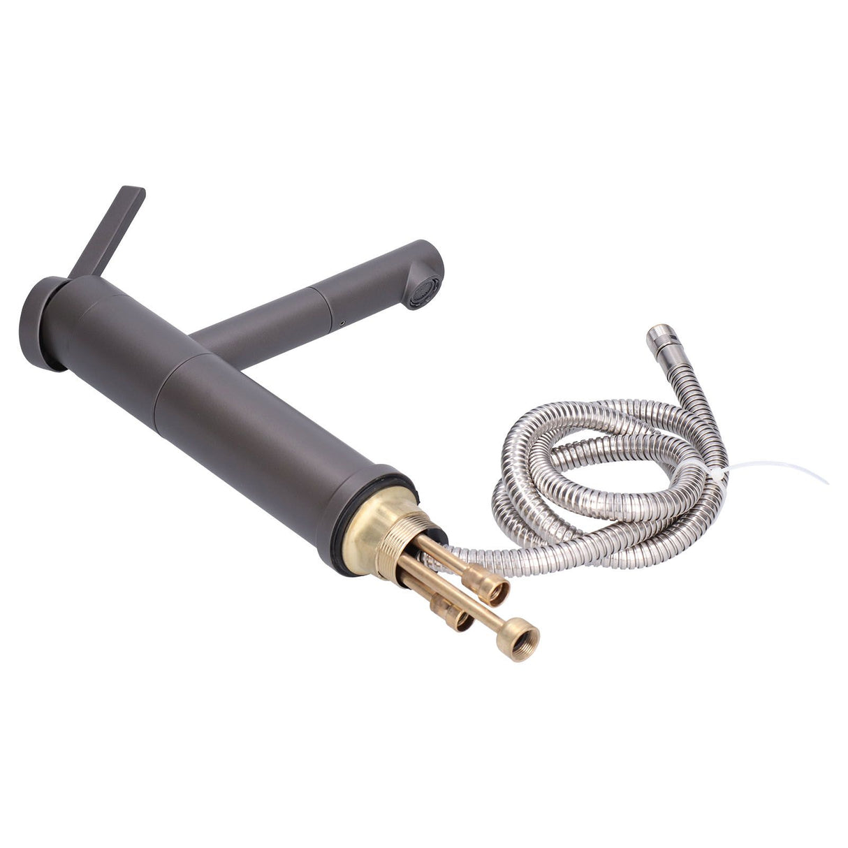 Pull out basin mixer rotated to the side of an above counter basin