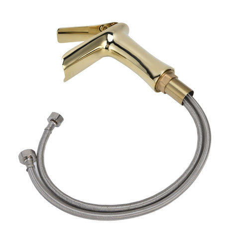 Close up of the spout outlet on the brass basin mixer tap