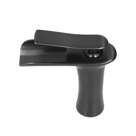 Front view of black waterfall basin tap on a white background