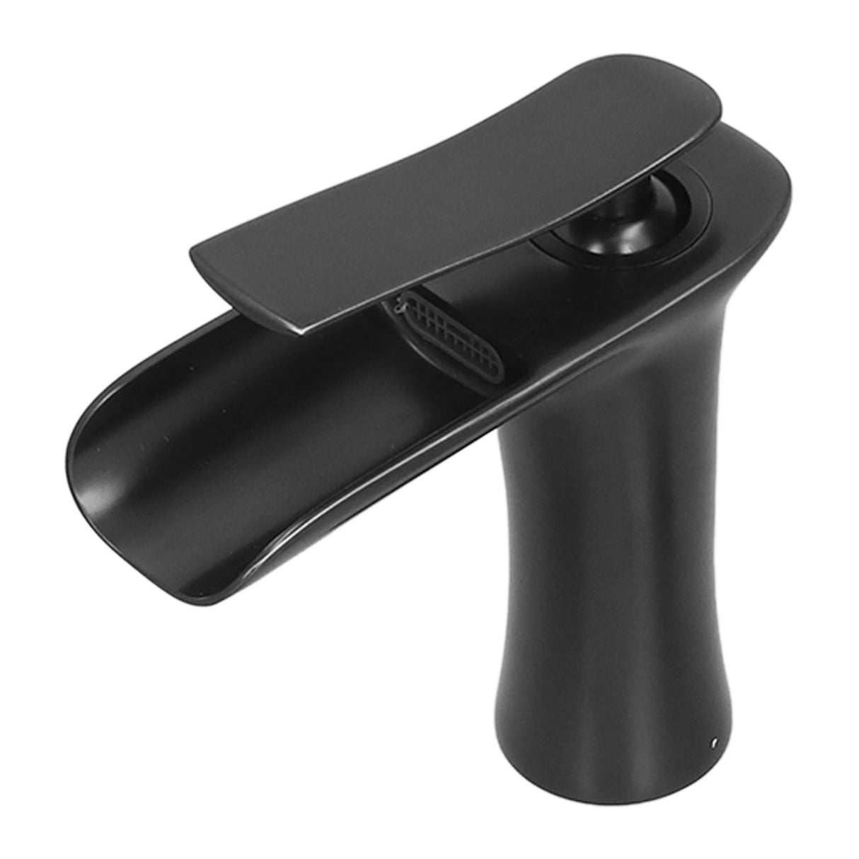 Angled view of the curved black copper tap body and lever