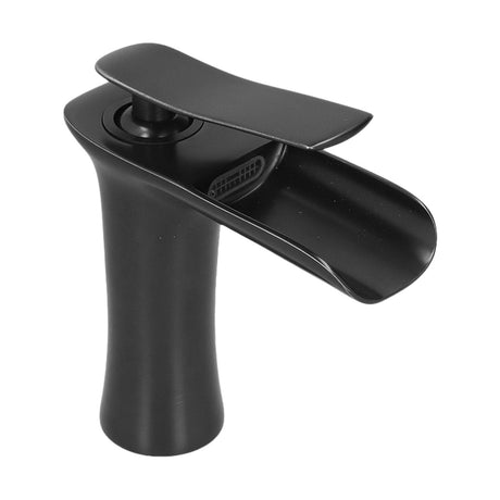 Black waterfall tap installed on a bathroom vanity basin
