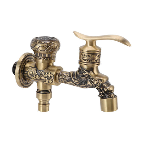 Close up of the dragon carving detail on the brass tap body