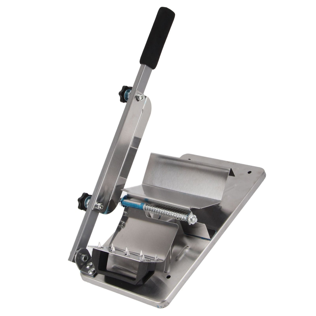 Stainless steel hand crank meat slicing machine on a benchtop