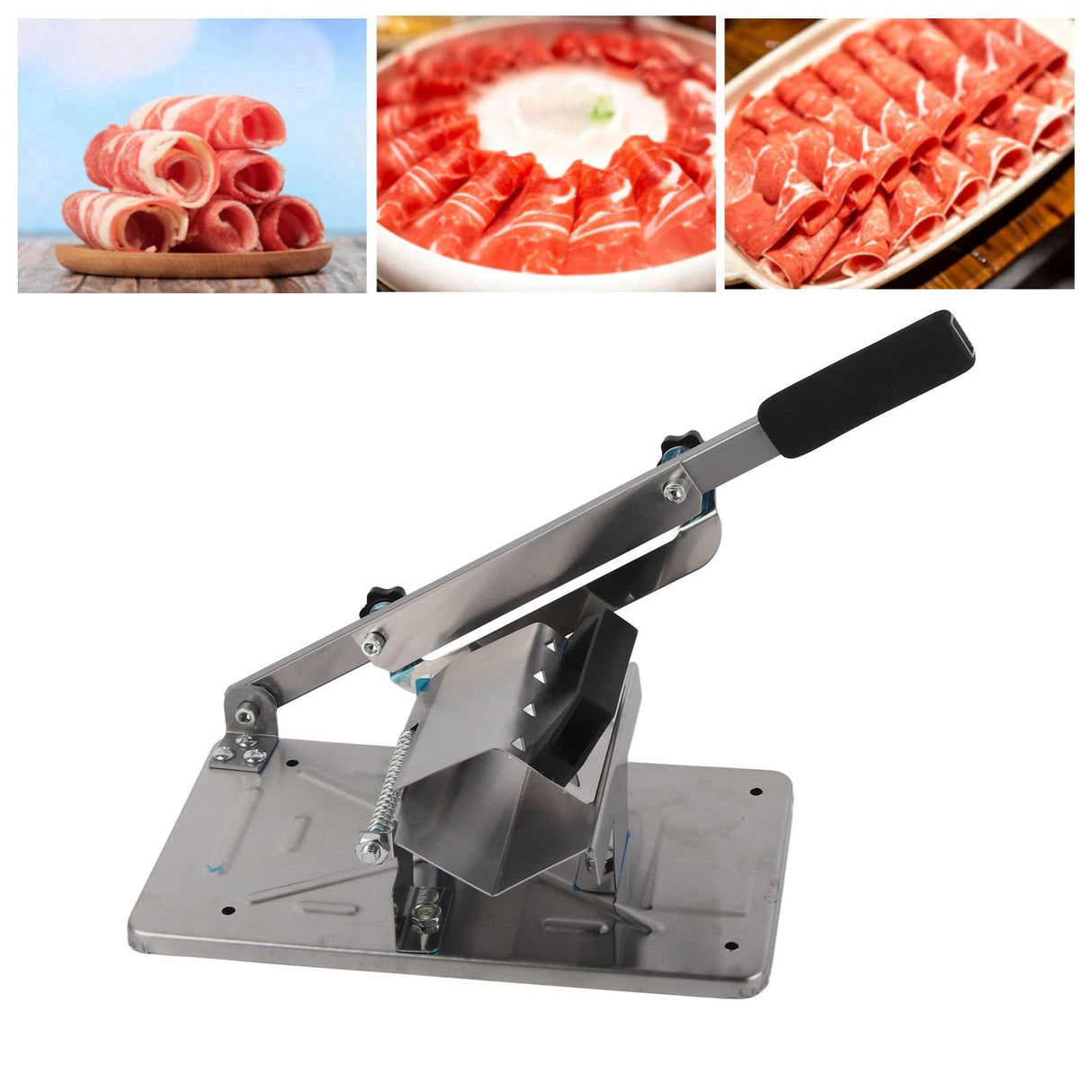 Vegetables being sliced with the manual frozen meat slicer