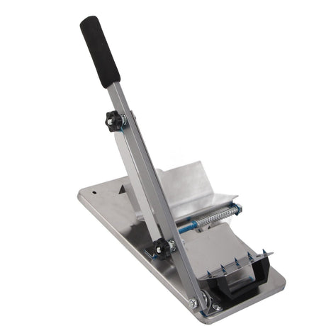 Manual meat slicer shown from the side with crank handle