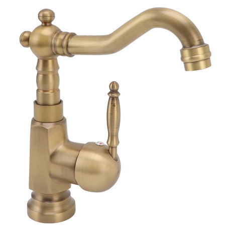 Side profile showing the tall body of the antique brass basin tap