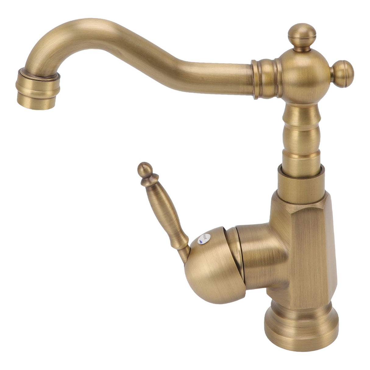Detail of the soft water outlet nozzle on the brass basin tap