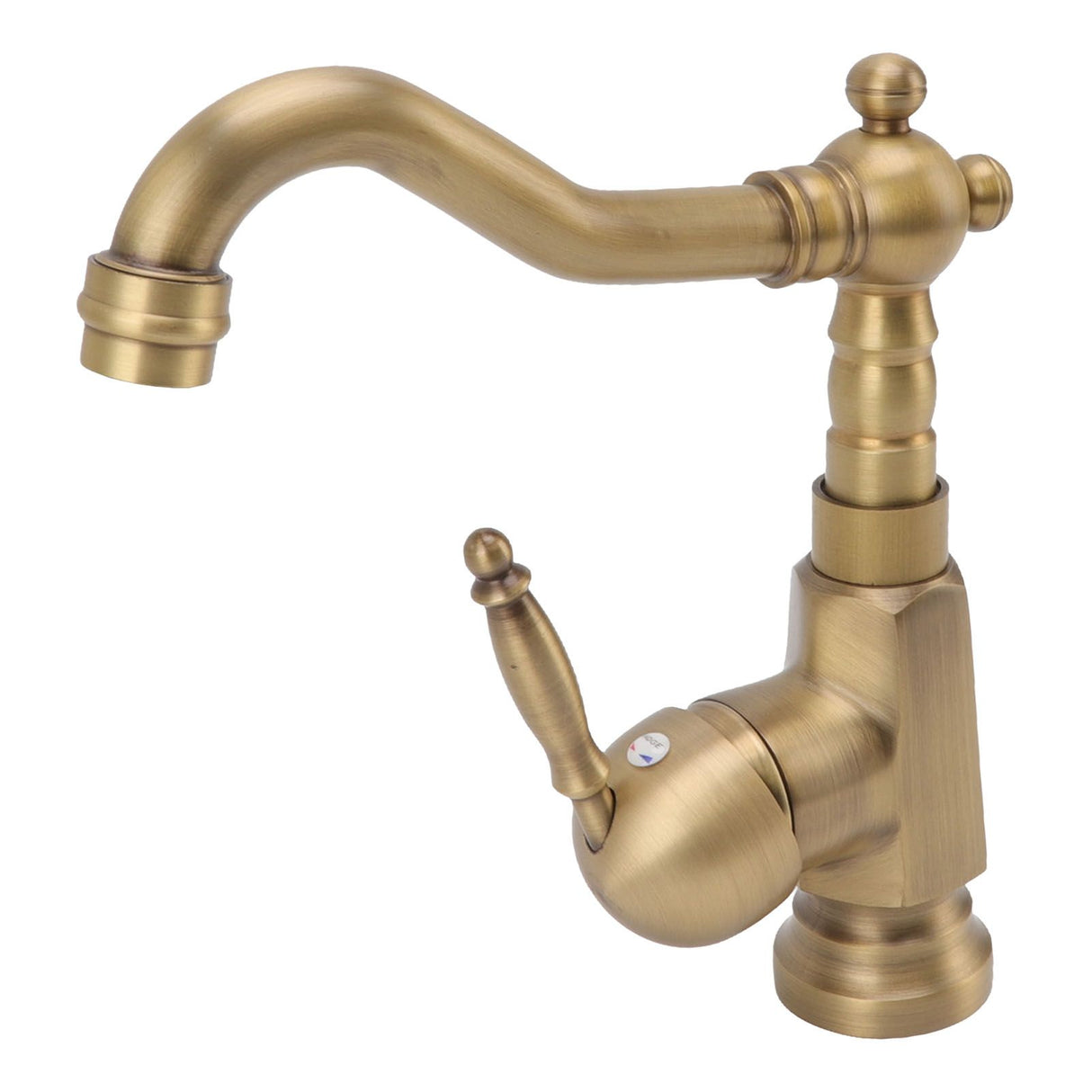 Rear view of the heightened antique brushed brass mixer tap