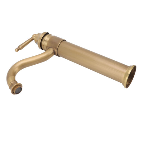 Tall copper mixer tap in use with water running into a vessel basin