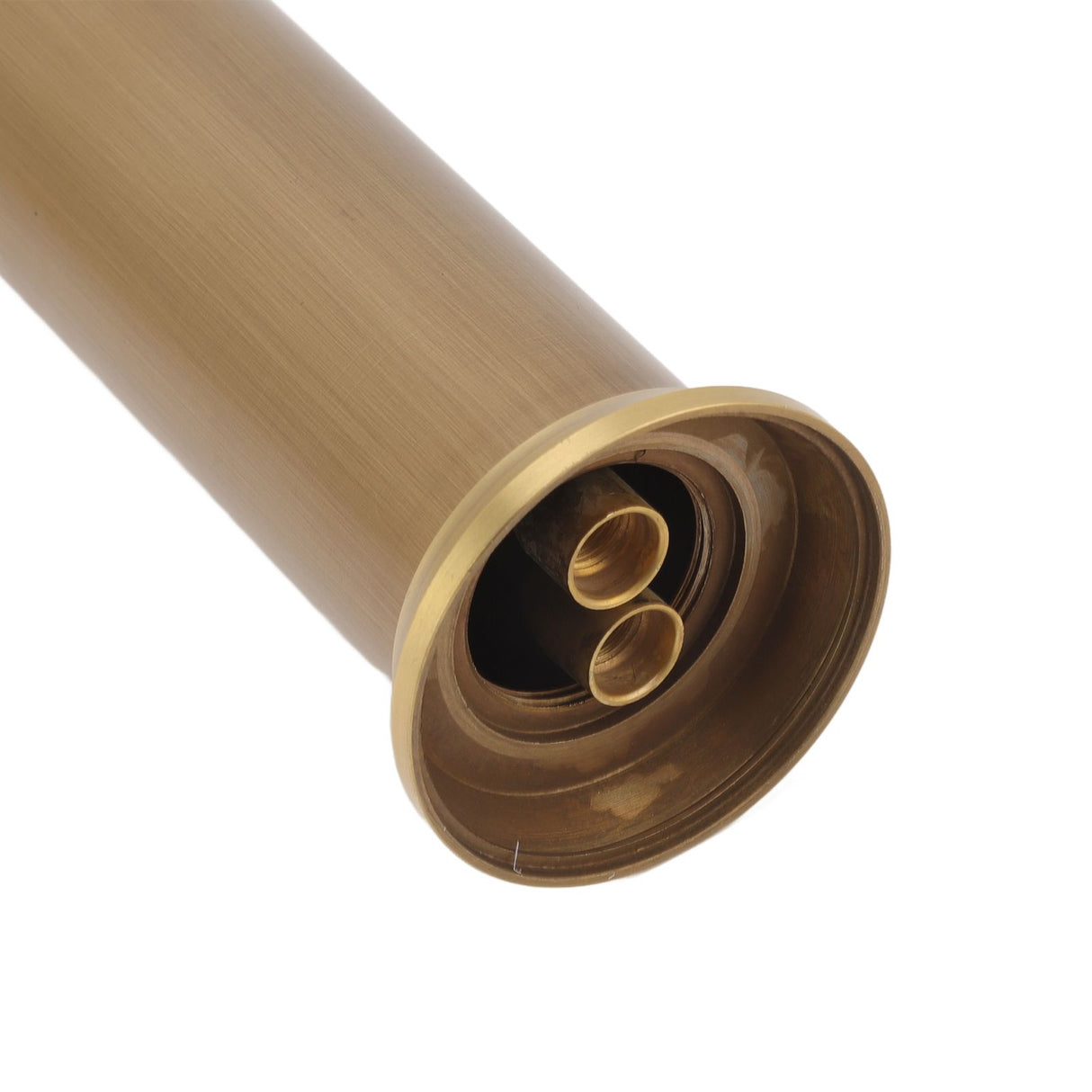 Detail of the brushed copper finish on the tall basin mixer tap