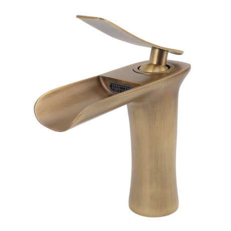Handle detail on the antique brass waterfall basin mixer tap
