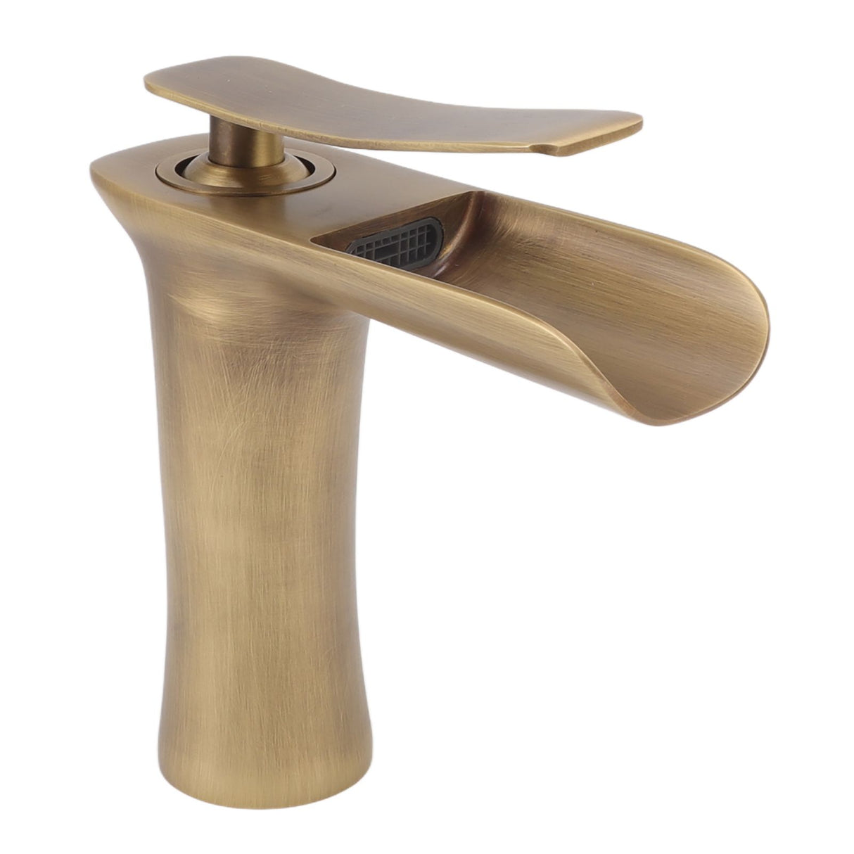 Antique brass waterfall tap styled on a bathroom vanity