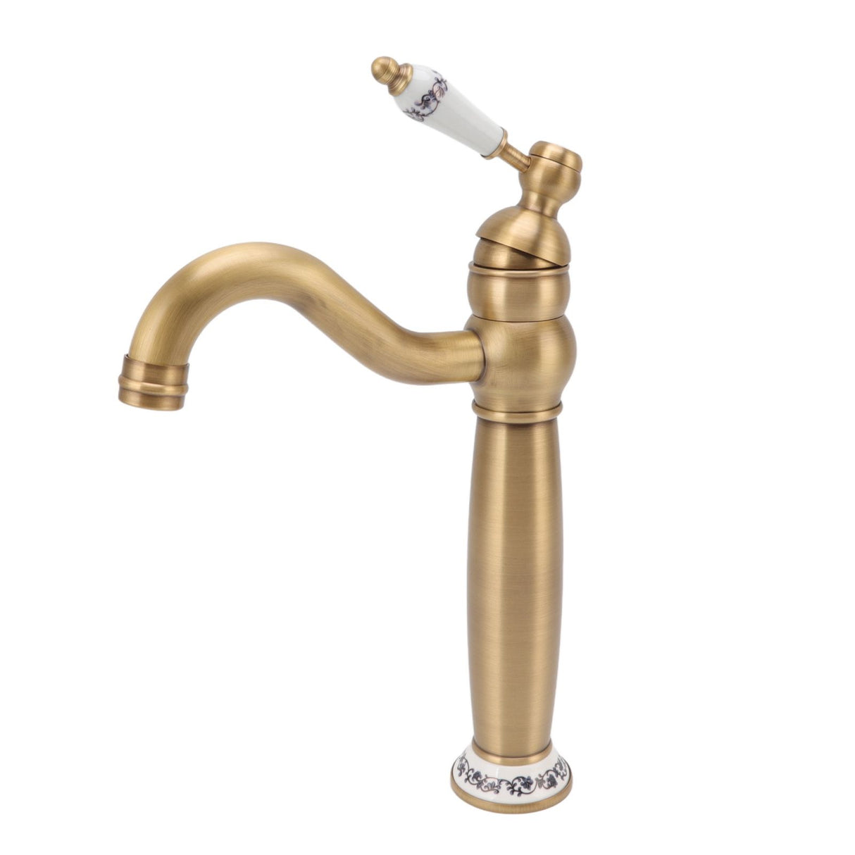 Side profile of the antique brass basin mixer with porcelain accents
