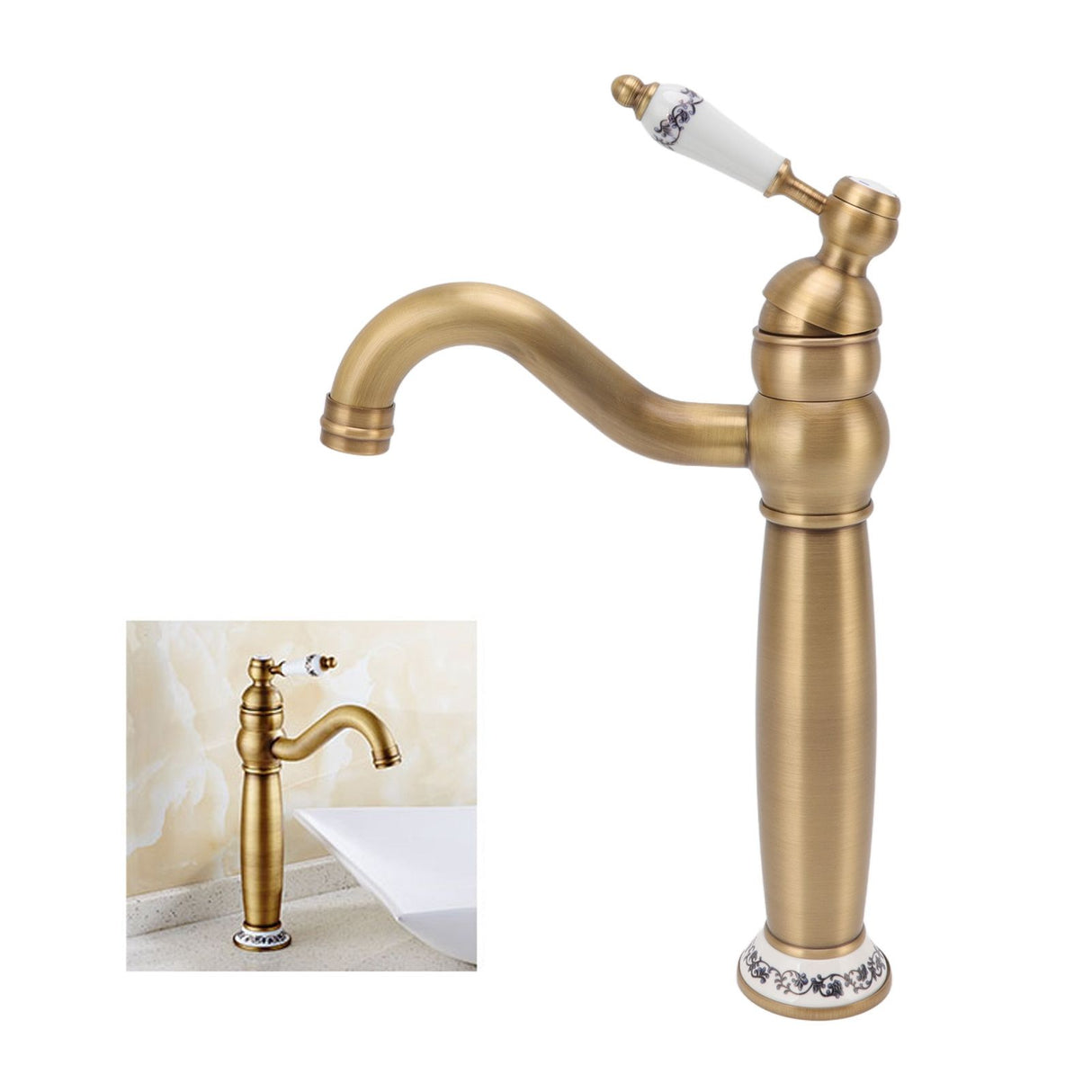 Water flowing from the brass and porcelain basin mixer tap