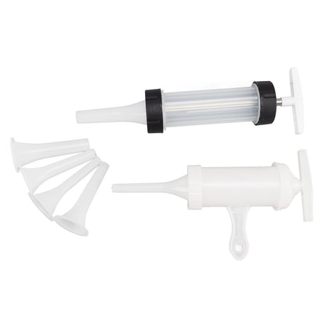 Handheld sausage stuffer showing piston barrel and handle
