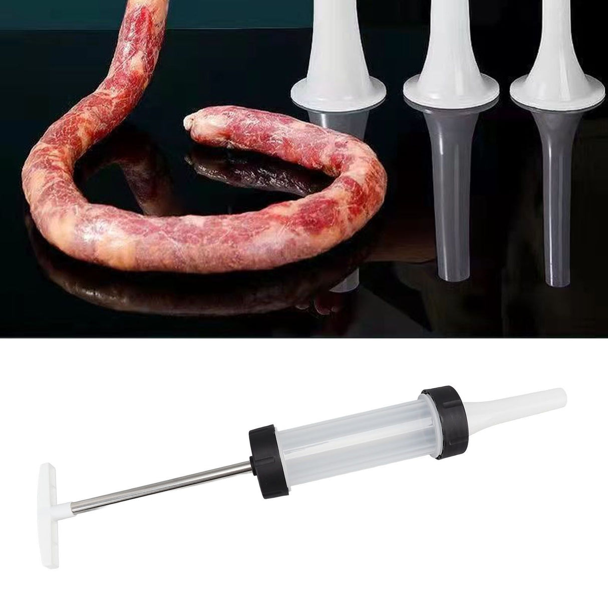 Thin and thick sausages formed using different nozzle sizes
