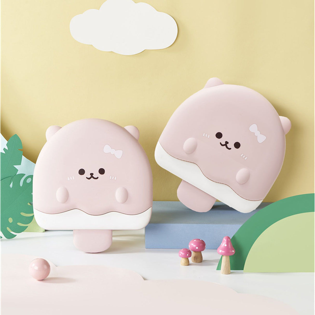 Pink cartoon bear five compartment kids snack serving tray with lid