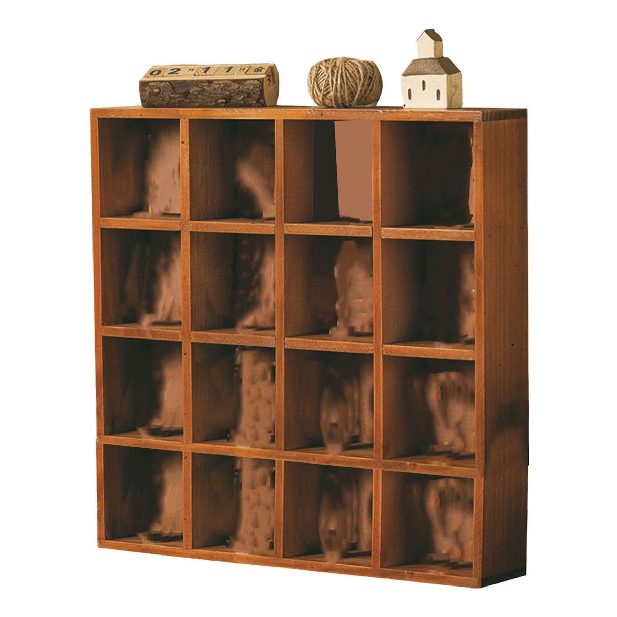 Retro wall mounted wooden display shelf with 16 grid compartments