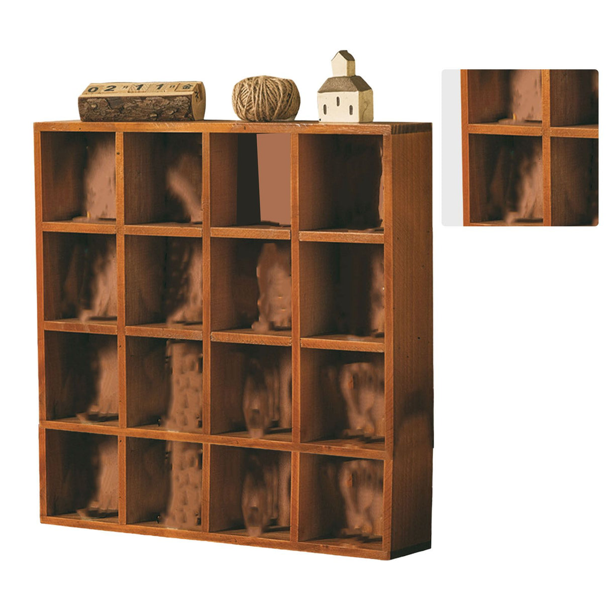 Retro wall mounted wooden display shelf with 16 grid compartments
