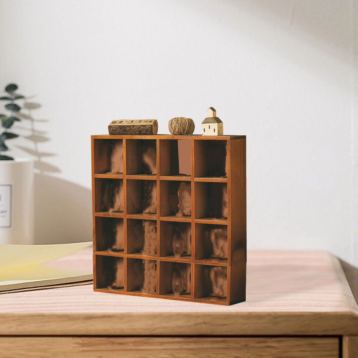 Retro wall mounted wooden display shelf with 16 grid compartments
