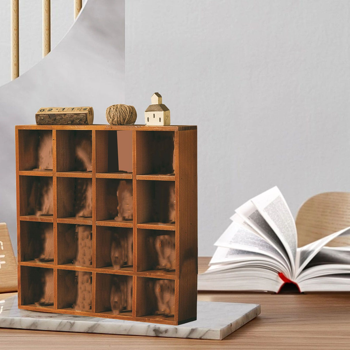 Retro wall mounted wooden display shelf with 16 grid compartments