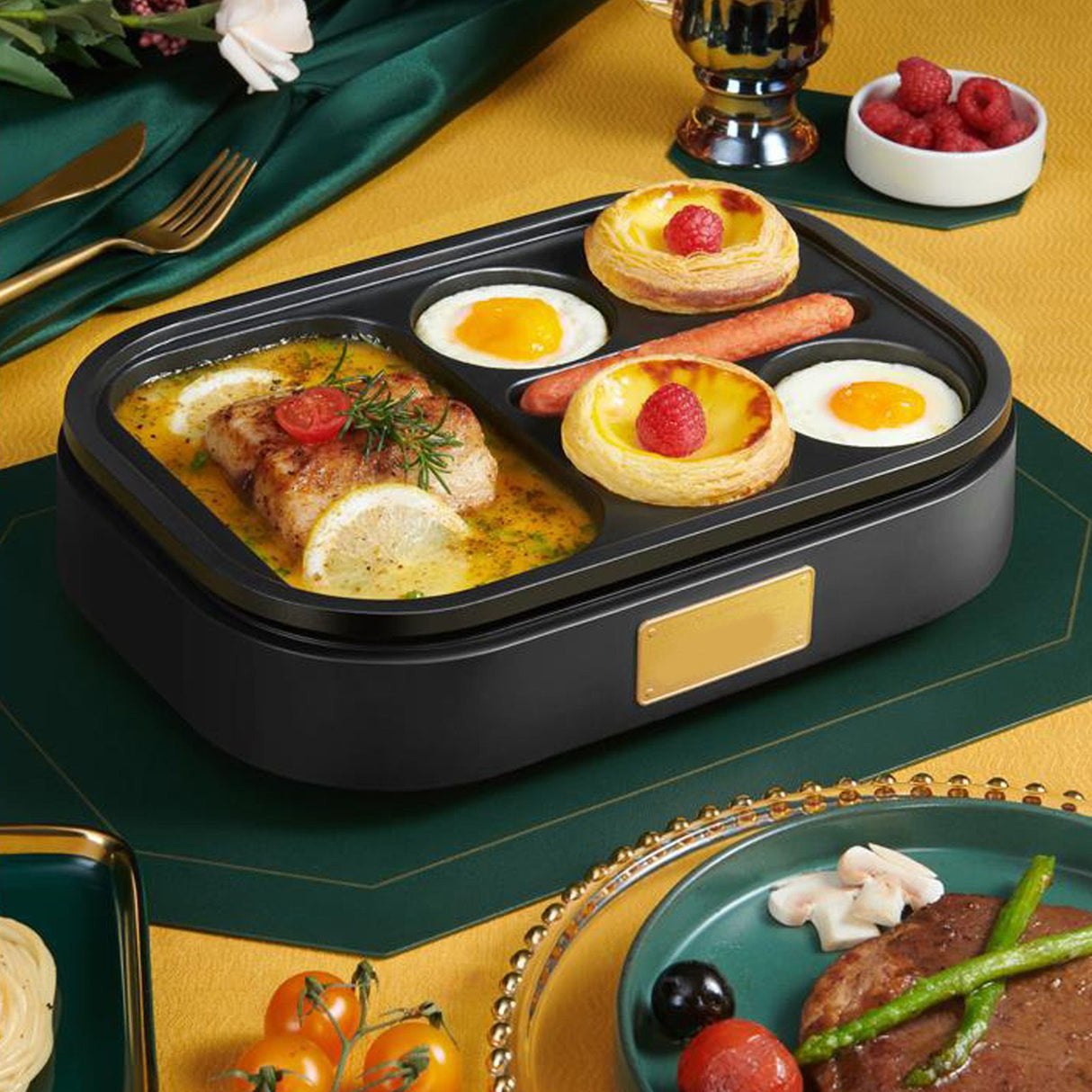 Underside of the black aluminium alloy six hole frying pan