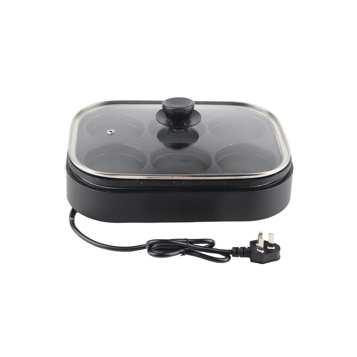 Black six hole non stick egg frying pan with lid