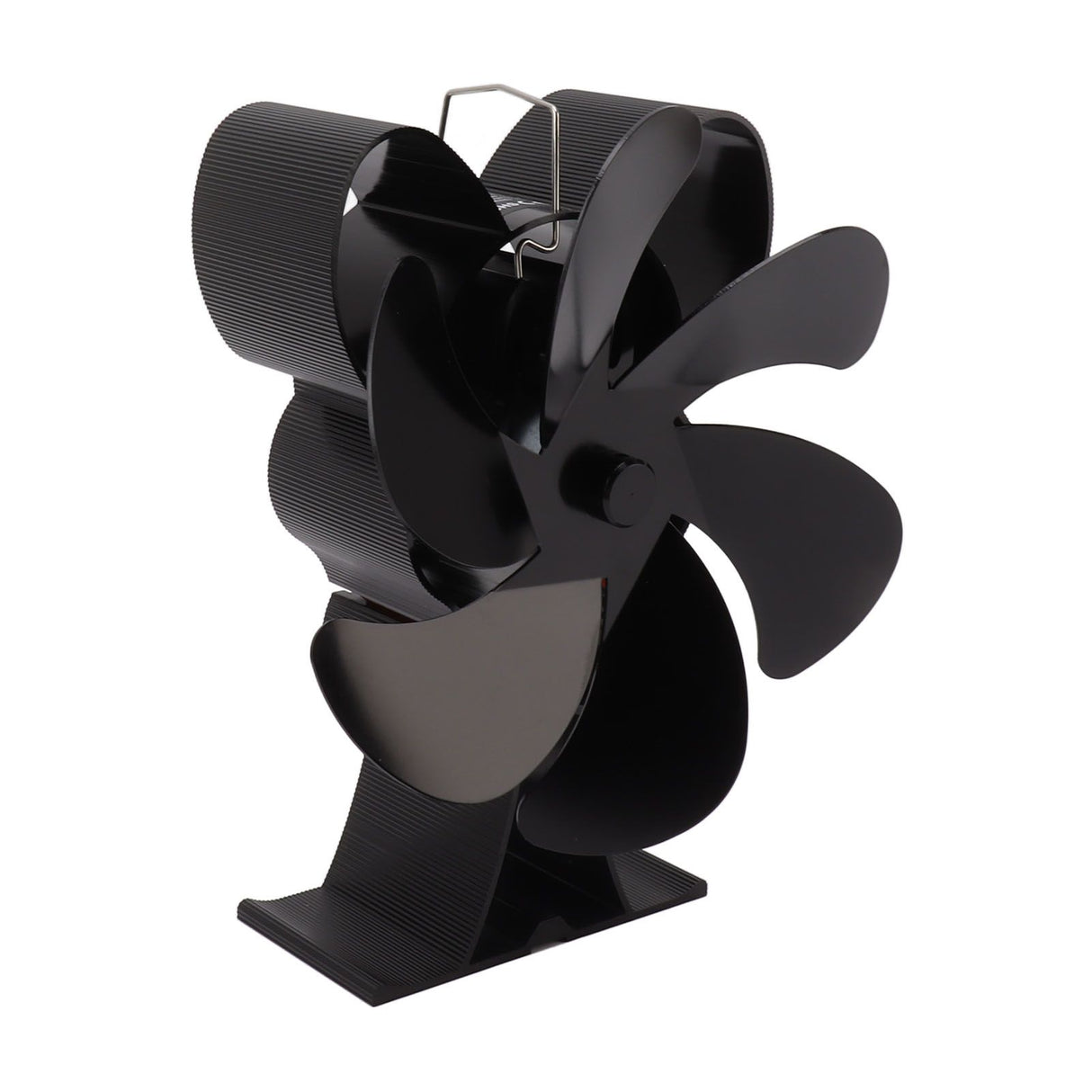 Side profile of the heat powered stove fan showing its base plate