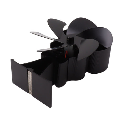 Rear view of the black stove fan showing the heat module