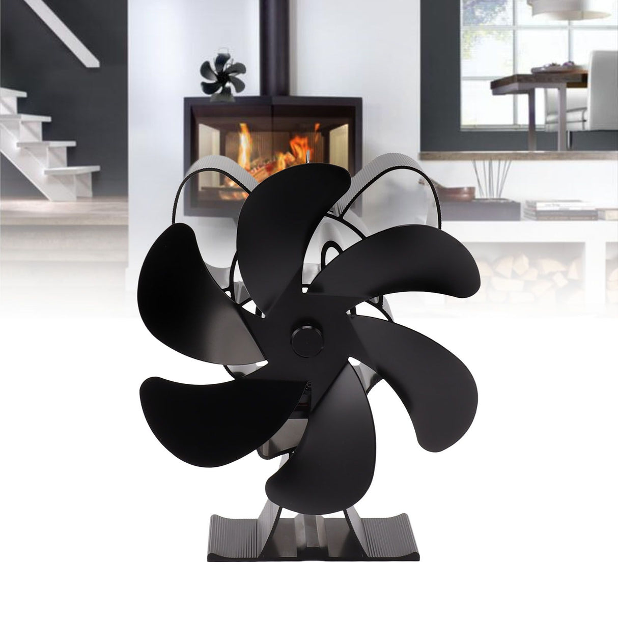 Heat powered stove fan needing no cords or batteries to operate