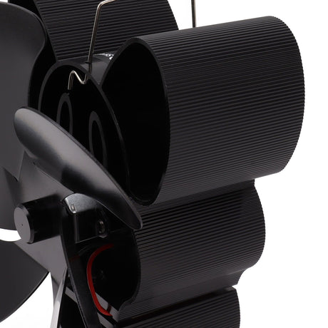 Aluminium alloy finish detail on the black stove fan body