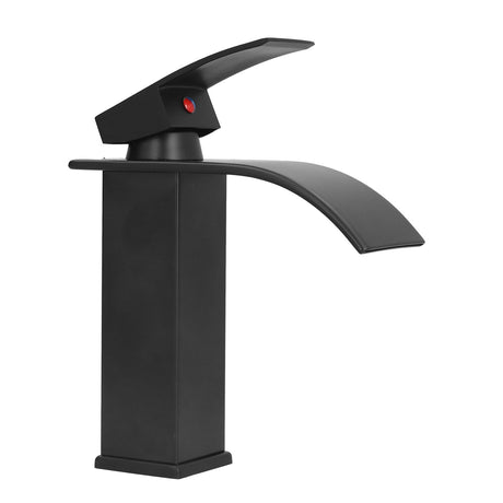 Close up of the 11 cm long handle on the black basin mixer