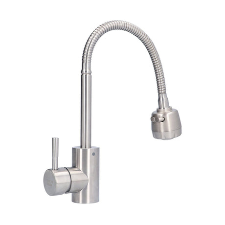 Side profile of the stainless steel mixer tap showing spout shape