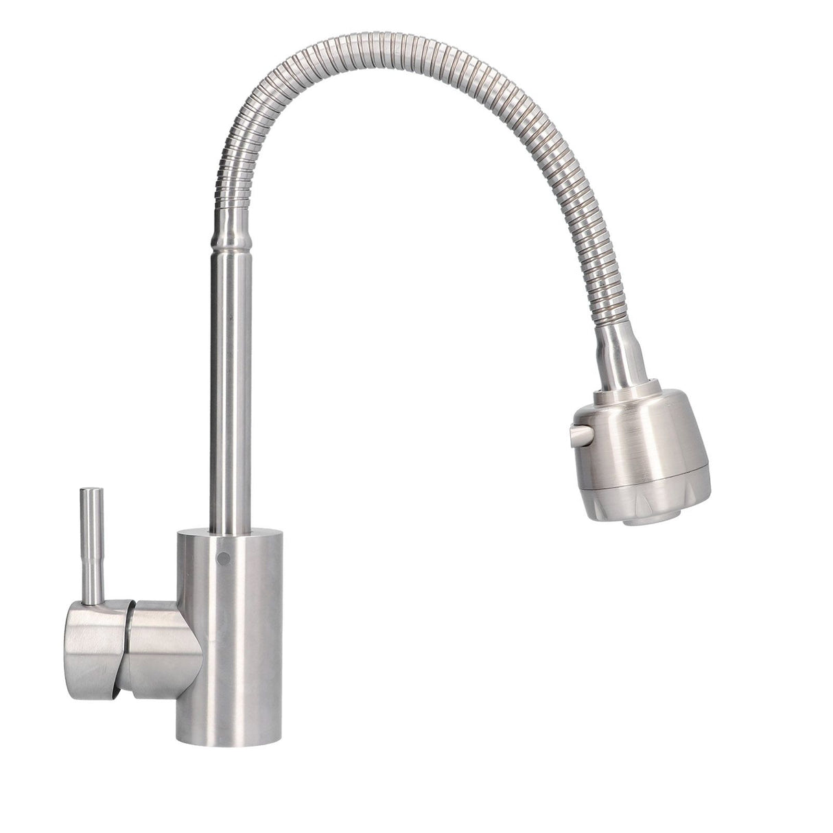 Angled view of the stainless steel tap and handle lever