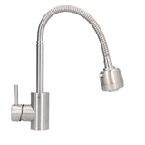 Angled view of the stainless steel tap and handle lever