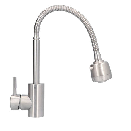 Angled view of the stainless steel tap and handle lever
