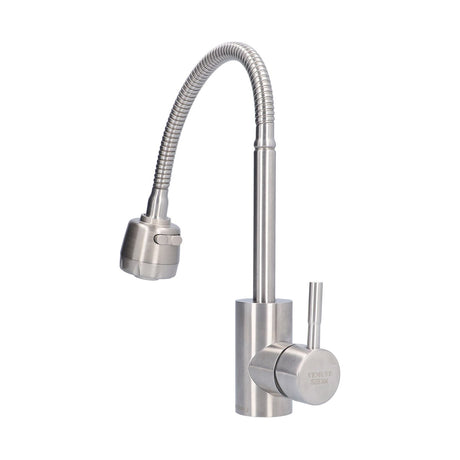 Close up of the handle lever on the stainless steel mixer tap