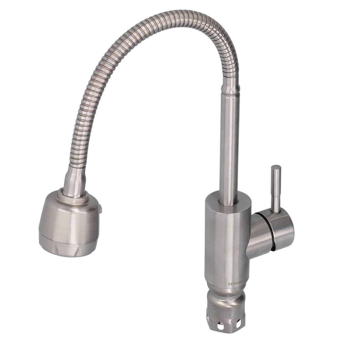 Stainless steel mixer tap installed on a kitchen sink