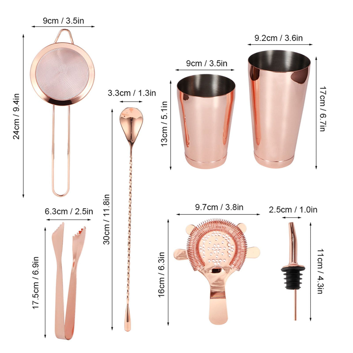 Stainless steel cocktail shaker set in rose gold, 11 piece barware - view 15